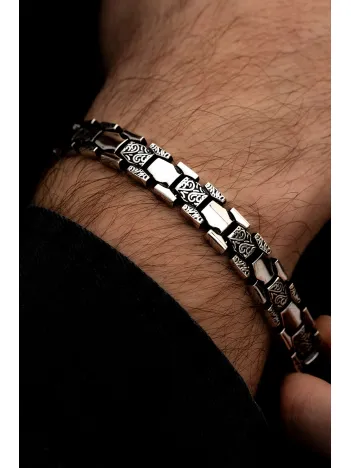 Erkek Gümüş Bileklik - Petek Şeritli Etnik Model Gümüş Bileklik Künye