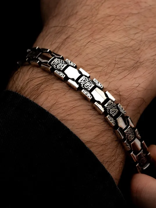 Erkek Gümüş Bileklik - Petek Şeritli Etnik Model Gümüş Bileklik Künye