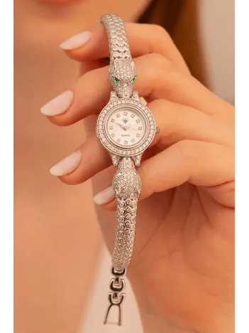 Kadın Gümüş Saat - Zirkon Taşlı 925 Ayar Gümüş Kadın Saat Jaguar Model