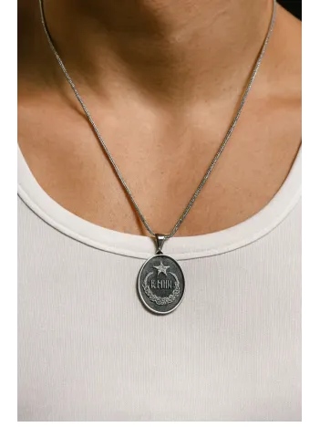 Erkek Gümüş Kolye - Oval Göktürkçe Türk Yazılı Ayyıldız Model Gümüş Erkek Kolye