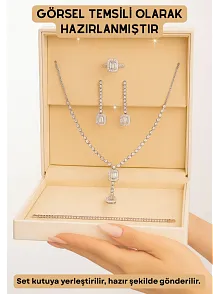 Kadın Gümüş Takı Seti - Ayfer Baget Taşlı Kare Model Kolye, Bileklik, Yüzük, Küpe Tam Set