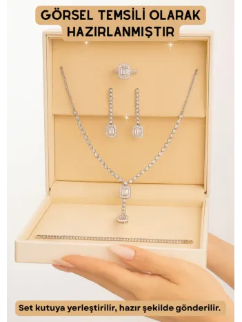 Kadın Gümüş Takı Seti - Ayfer Baget Taşlı Kare Model Kolye, Bileklik, Yüzük, Küpe Tam Set