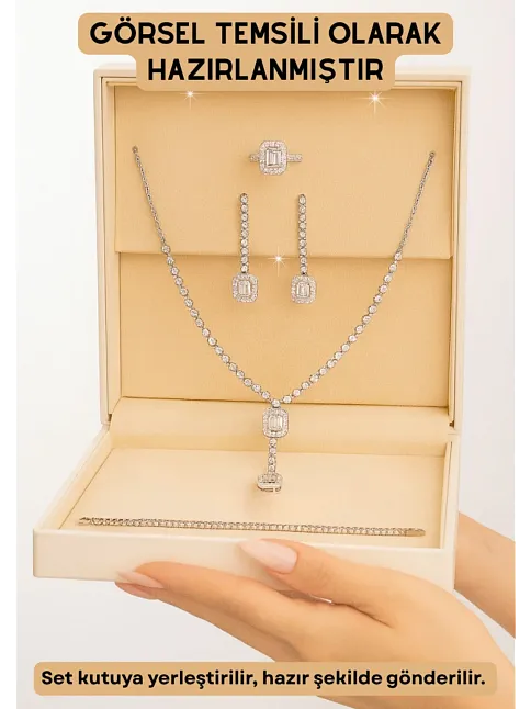 Kadın Gümüş Takı Seti - Ayfer Baget Taşlı Kare Model Kolye, Bileklik, Yüzük, Küpe Tam Set
