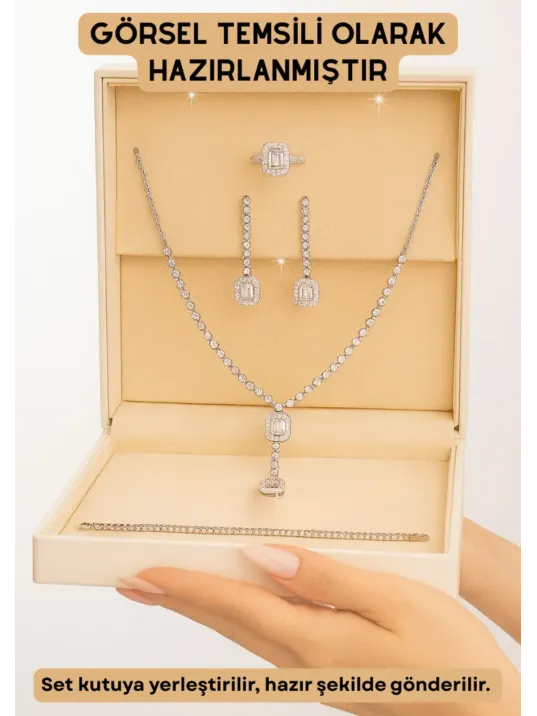 Kadın Gümüş Takı Seti - Ayfer Baget Taşlı Kare Model Kolye, Bileklik, Yüzük, Küpe Tam Set
