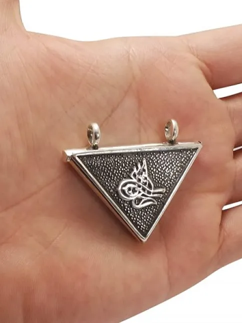 Orta Boy Tuğralı Gümüş Muska Haznesi Deri Kolye Hediyeli