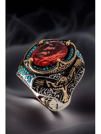 Erkek Zultanit Taşı Yanı Kartal İşlemeli Turkuaz Zirkon Taşlı Süslemeli 925 Ayar Gümüş Yüzük