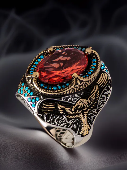 Erkek Zultanit Taşı Yanı Kartal İşlemeli Turkuaz Zirkon Taşlı Süslemeli 925 Ayar Gümüş Yüzük