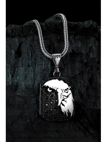 Erkek Gümüş Kolye - Siyah Zirkon Taşlı Kartal Kafası Motifli Erkek Kolye