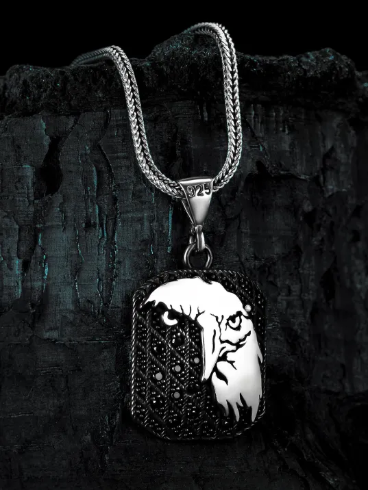 Erkek Gümüş Kolye - Siyah Zirkon Taşlı Kartal Kafası Motifli Erkek Kolye