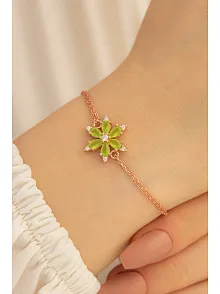 Yeşil Taşlı Çiçek Model Rose Kadın Gümüş Bileklik