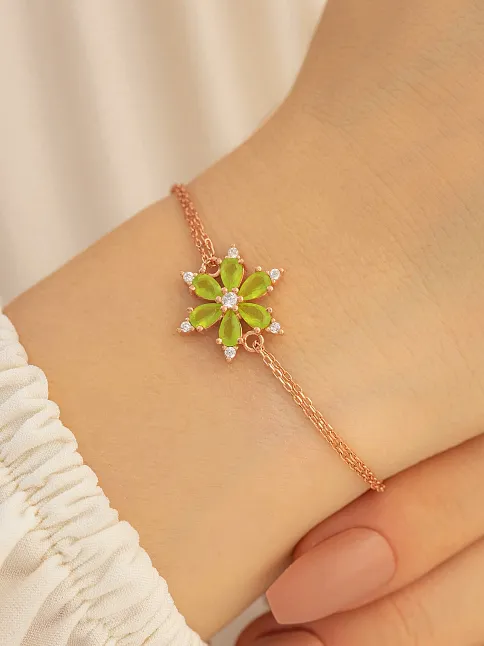 Yeşil Taşlı Çiçek Model Rose Kadın Gümüş Bileklik