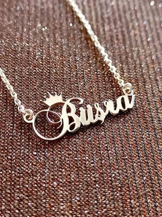 Kral Taç Imza Gümüş Renk Büşra Yazılı Bayan Gümüş Kolye Zincir Gklgmsısımt