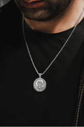 Erkek Gümüş Kolye - Bozkurt Ay Yıldız İşlemeli Kral Zincirli Erkek Kolye