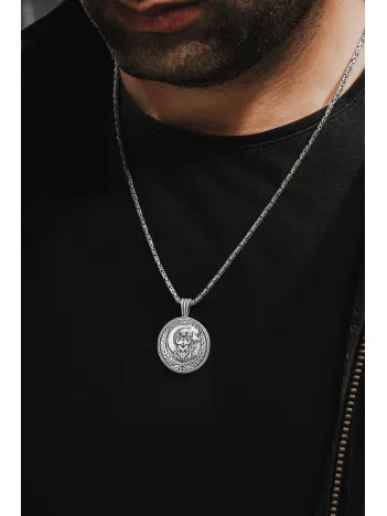 Erkek Gümüş Kolye - Bozkurt Ay Yıldız İşlemeli Kral Zincirli Erkek Kolye