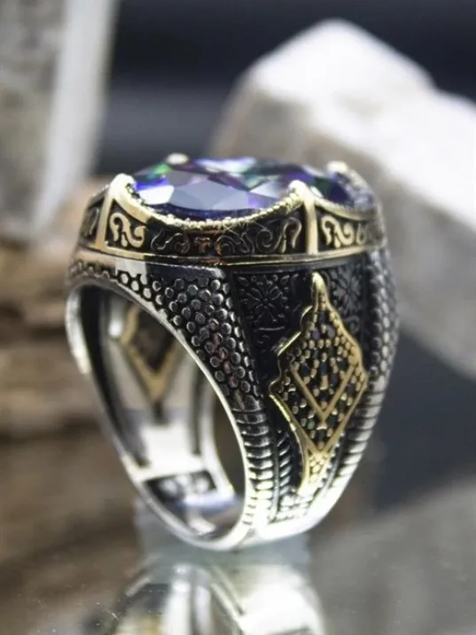 Mistik Topaz Taşlı Yanı Markazit Süslemeli Erkek 925  Ayar Gümüş Yüzük