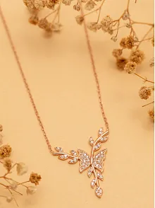 Kadın Gümüş Kolye - Rose Altın Kaplama Zirkon Taşlı Kelebek Motifli Gümüş Kolye