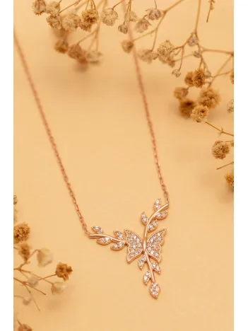 Kadın Gümüş Kolye - Rose Altın Kaplama Zirkon Taşlı Kelebek Motifli Gümüş Kolye