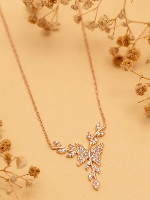 Kadın Gümüş Kolye - Rose Altın Kaplama Zirkon Taşlı Kelebek Motifli Gümüş Kolye