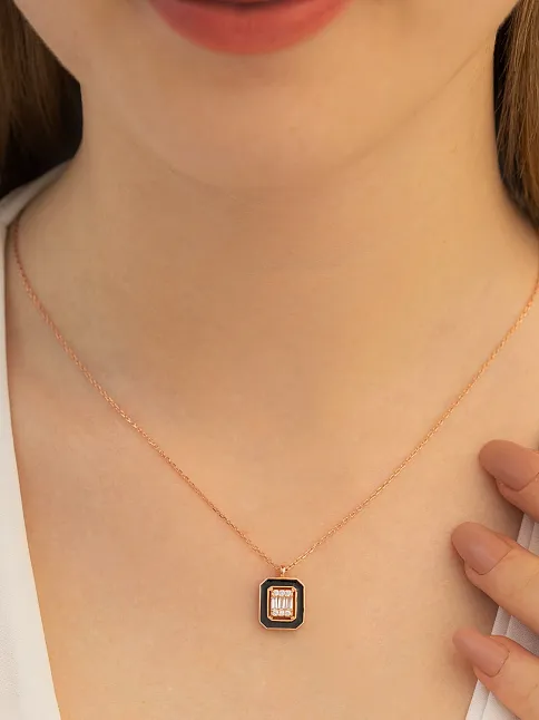 Kare Baget Taşlı Model 2 Kadın Gümüş Kolye Zincir GKLKRBGTM2D-ROS-Rose (bronz)