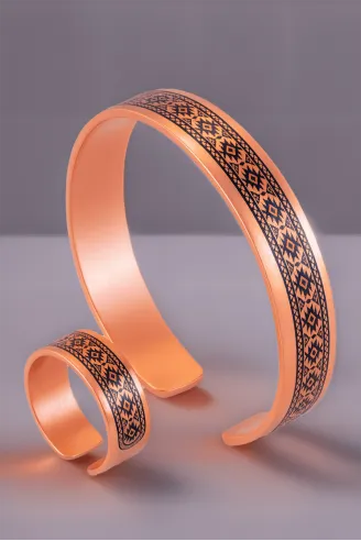Kadın Bakır Bileklik Yüzük Set - Anna Model Özel Baskı Metal Kutu Ve Kuvars Taşı
