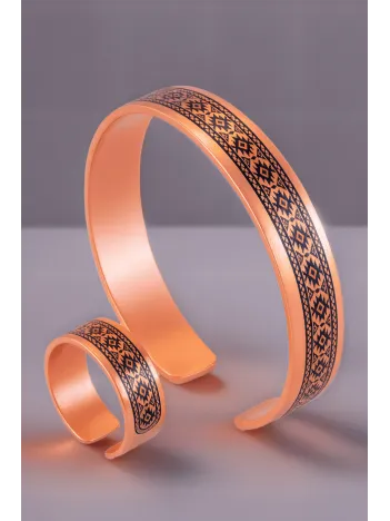 Kadın Bakır Bileklik Yüzük Set - Anna Model Özel Baskı Metal Kutu Ve Kuvars Taşı