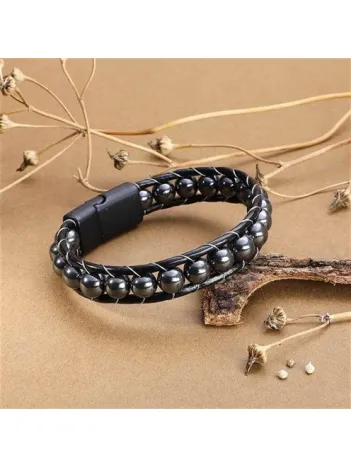 Yuvarlak Hematit Doğaltaş Erkek Deri Bileklik