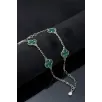 Kadın 925 Ayar Gümüş Yeşil Malahit Taşlı Yonca Model Zincir Bileklik
