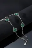 Kadın 925 Ayar Gümüş Yeşil Malahit Taşlı Yonca Model Zincir Bileklik