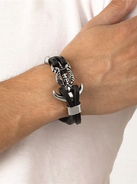 Unisex Çelik Ve Deri Bilekli Kurukafa Ve Çapa Figürlü