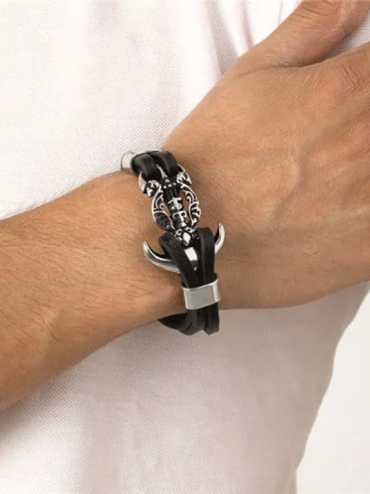 Unisex Çelik Ve Deri Bilekli Kurukafa Ve Çapa Figürlü