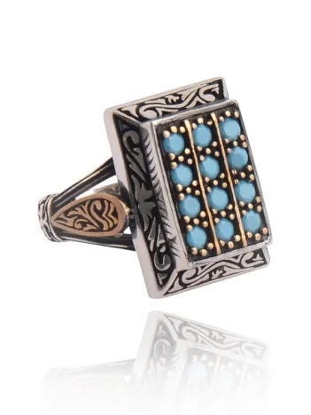 Oniki Turkuaz Taşlı İşlemeli Koleksiyonluk Erkek Gümüş Yüzük