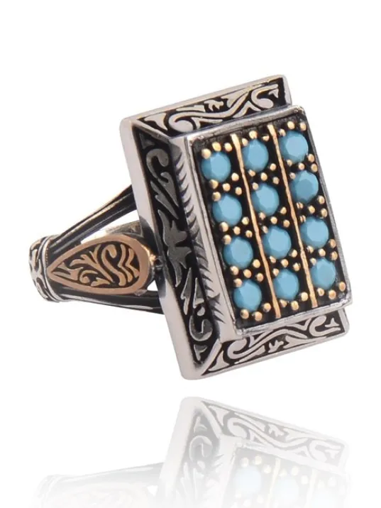 Oniki Turkuaz Taşlı İşlemeli Koleksiyonluk Erkek Gümüş Yüzük