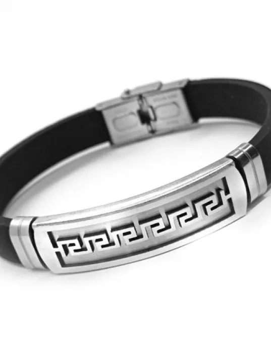 Gri Büyük Grek Desen Kauçuk Çelik Erkek Bileklik DBLGRIBGREK-SYH