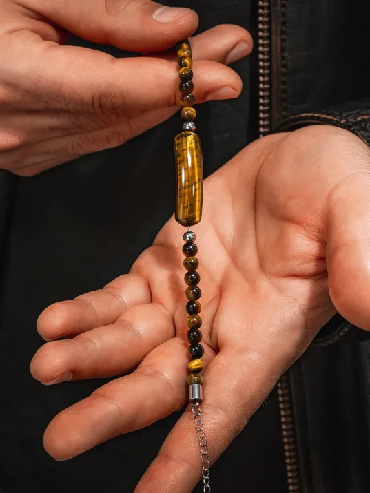 Erkek Kadın Doğal Taş Bileklik - Kaplan Gözü Taşlı Çelik Halat Ve Çelik Klipsli Bileklik