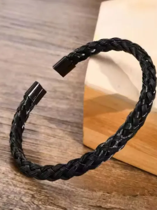 Erkek Çelik Bileklik - Siyah Hasır Modern Örgü Tasarım Erkek Bileklik