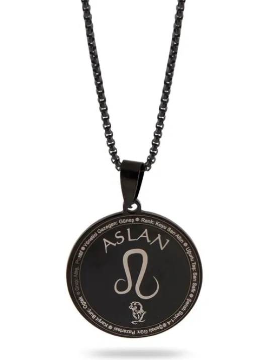 Aslan Burcu Kolyesi Bayan Erkek Çelik Kolye Siyah Polo Zincir CKLASLANBU2-SYH