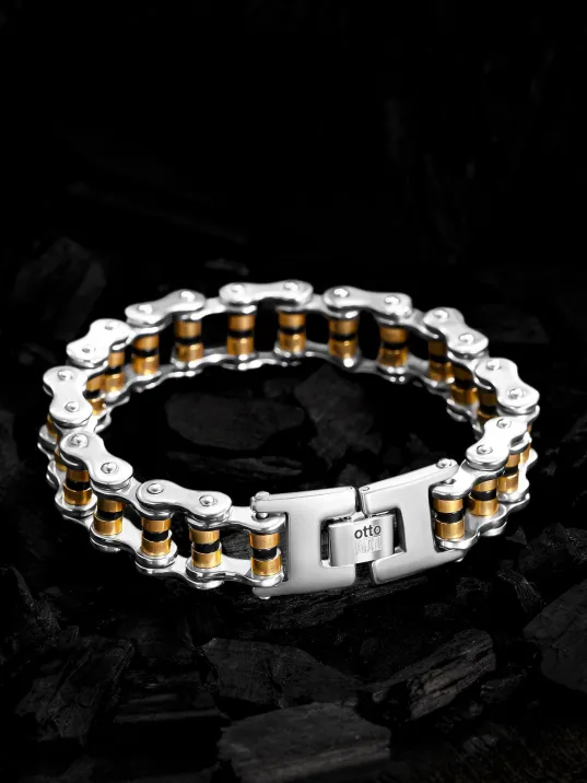 OttoMan Kalın Motosiklet Zinciri Erkek Çelik Bileklik Sarı Beyaz Model