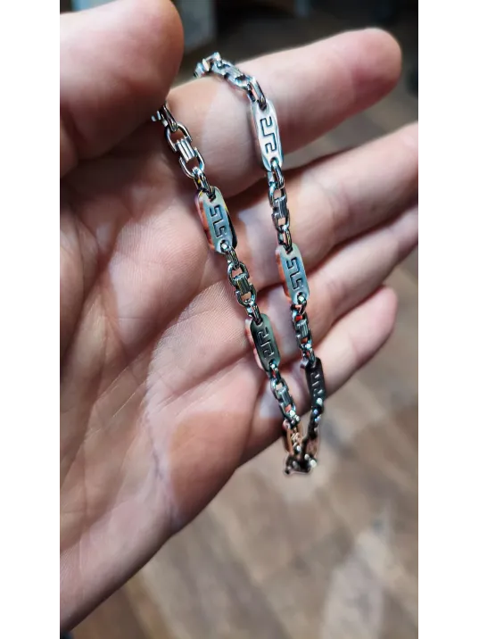 Erkek Çelik Kolye - Gümüş Renkli Grek Desenli Kral Zincir Model Kalın Tasarım