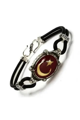 Ay Yıldız Türk Bayrağı Deri Gümüş Erkek Bayan Bileklik