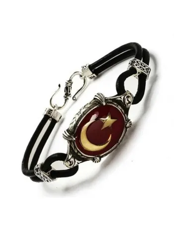 Ay Yıldız Türk Bayrağı Deri Gümüş Erkek Bayan Bileklik Ay Yıldız Türk Bayrağı Deri Gümüş Erkek Bayan Bileklik