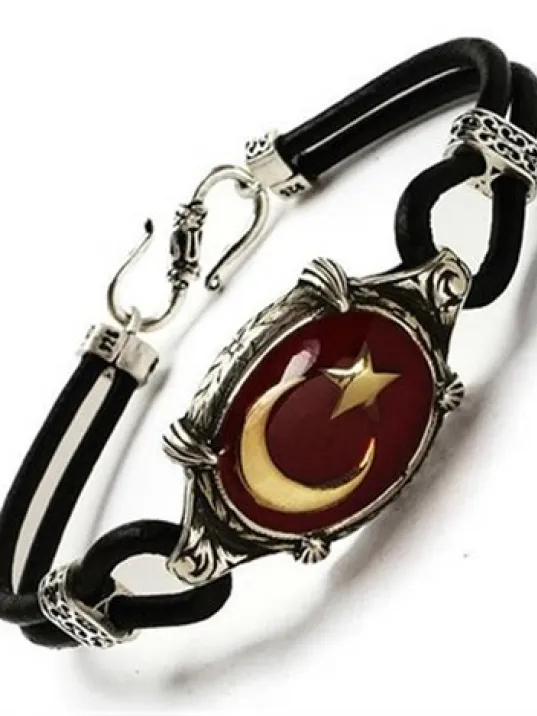 Ay Yıldız Türk Bayrağı Deri Gümüş Erkek Bayan Bileklik Ay Yıldız Türk Bayrağı Deri Gümüş Erkek Bayan Bileklik