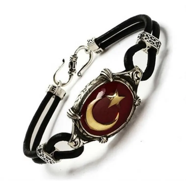 Ay Yıldız Türk Bayrağı Deri Gümüş Erkek Bayan Bileklik Ay Yıldız Türk Bayrağı Deri Gümüş Erkek Bayan Bileklik