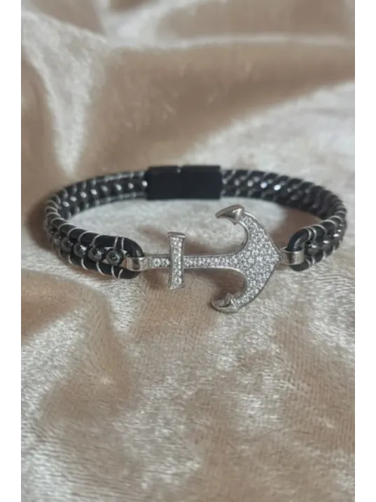 Faset Siyah Akik Doğaltaş Ve Beyaz Zirkon Çapalı Deri Bileklik