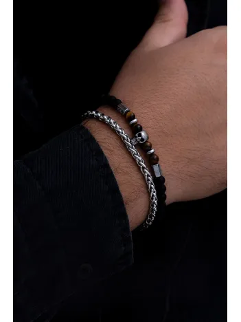 Erkek Çelik Bileklik - Kurukafa Motifli Boncuklu Çelik Bileklik