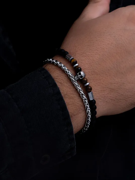 Erkek Çelik Bileklik - Kurukafa Motifli Boncuklu Çelik Bileklik