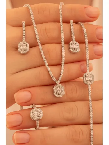 Kadın Gümüş Takı Seti - Ferahnaz Baget Taşlı Zirkon Süslemeli 925 Ayar Kolye, Bileklik, Yüzük, Küpe Tam Set