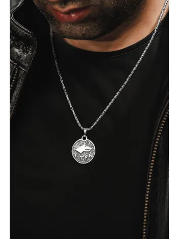 Erkek Gümüş Kolye - Göktürkçe Türk Yazılı Bozkurt İşlemeli Kral Zincirli Erkek Kolye