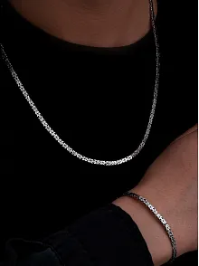 Erkek Gümüş Kolye Bileklik Set - 3.6mm Dikdörtgen Kesim Yassı Kral Gümüş Kolye Bileklik Set
