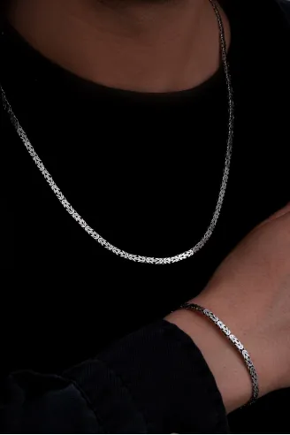 Erkek Gümüş Kolye Bileklik Set - 4mm Dikdörtgen Kesim Yassı Kral Gümüş Kolye Bileklik Set