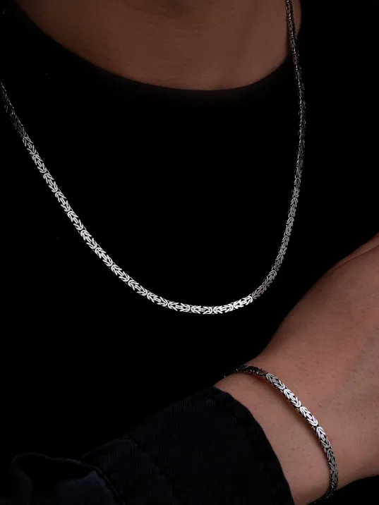 Erkek Gümüş Kolye Bileklik Set - 4mm Dikdörtgen Kesim Yassı Kral Gümüş Kolye Bileklik Set